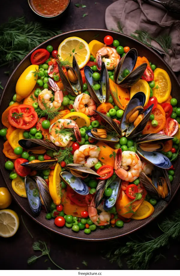 A colorful and delicious seafood salad with shrimp, mussels, tomatoes, peas, and lemon wedges