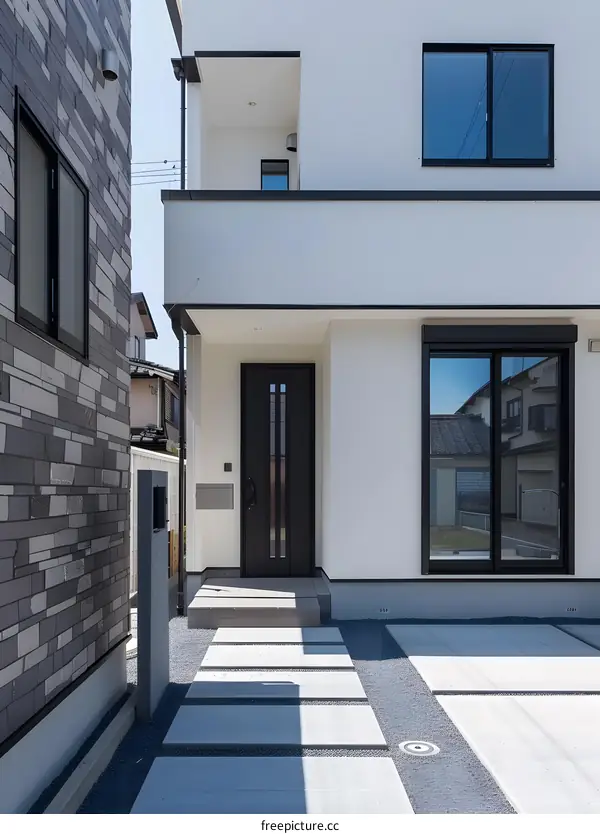 Modern Japanese House Exterior with Gravel Pathway and Black Door