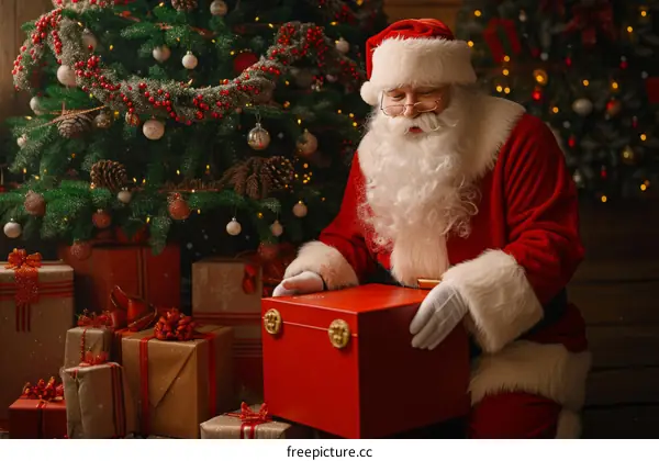 Santa Claus opening a red gift box full of toys