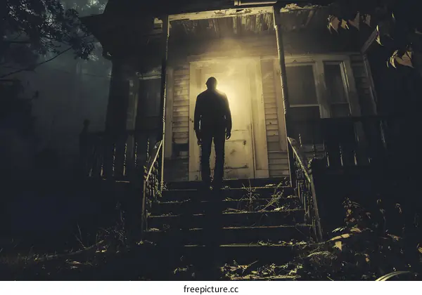 Silhouette Of Man Standing On Porch Of Old House At Night