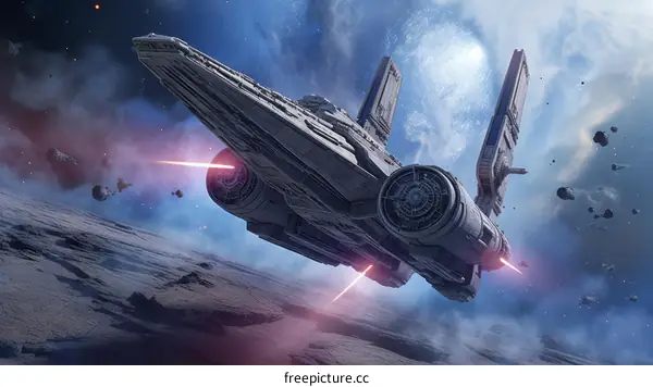 A spaceship is flying in space while rocks and an explosion surround it