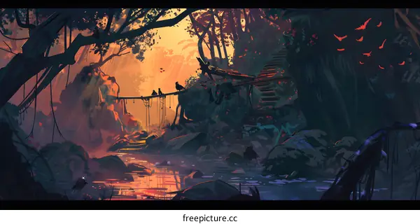 Digital Painting of a Mystical Forest with a Waterfall and Birds