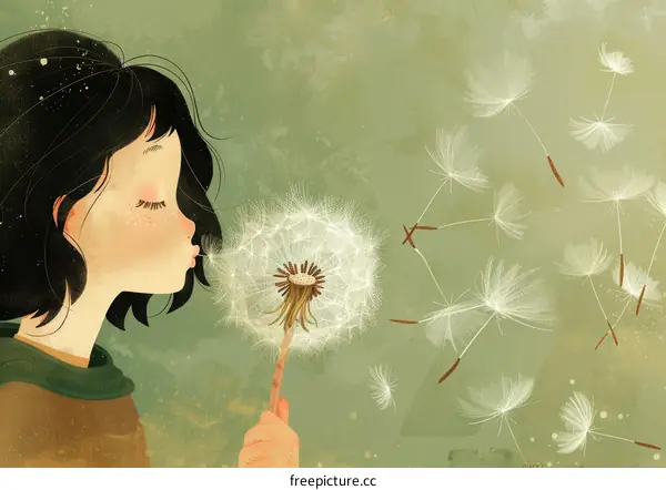 Little Girl Blowing Dandelion Seeds in the Wind