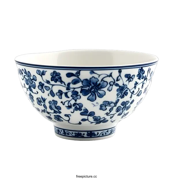 [Transparent Background PNG]White Ceramic Bowl with Blue Floral Pattern