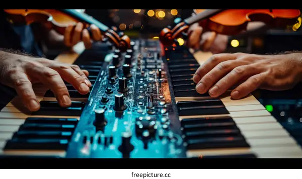 Two men playing the violin and synthesizer