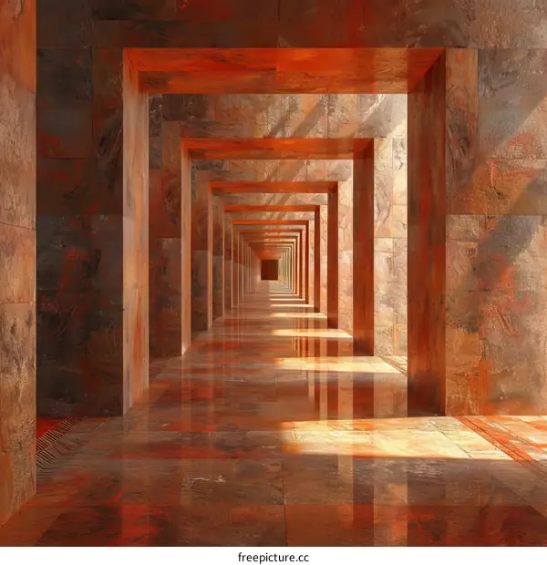 Intriguing Perspective: Red Marble Corridor with Arched Openings
