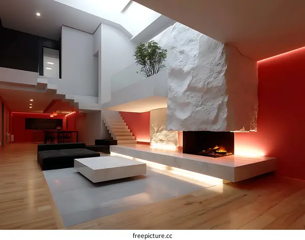 Modern Open-Plan Living Room with a Unique Fireplace