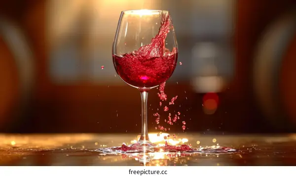 Red wine being poured into a glass on a wooden table.