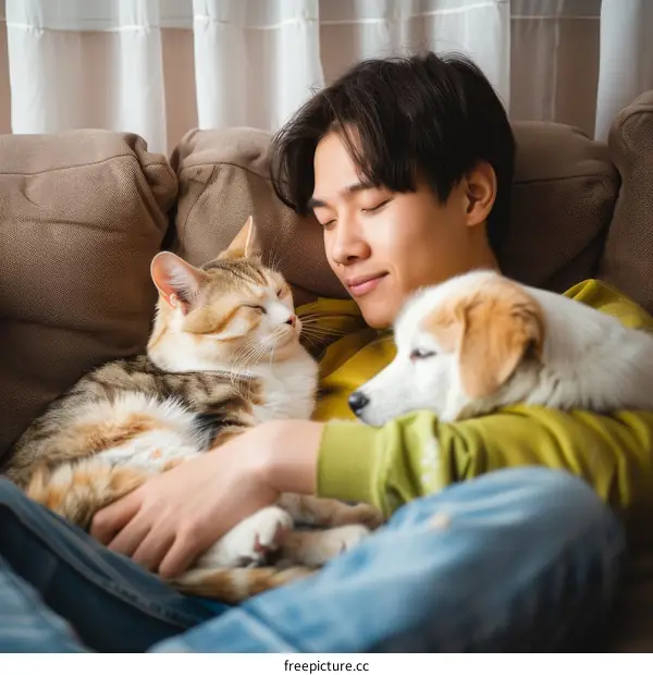 A young man is lying on a couch with a cat and a dog