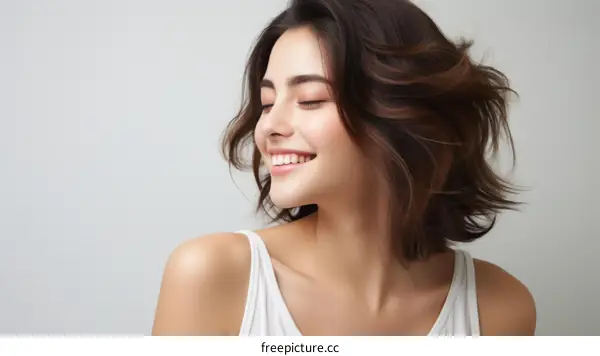 Portrait of a beautiful young woman with brown hair and white background
