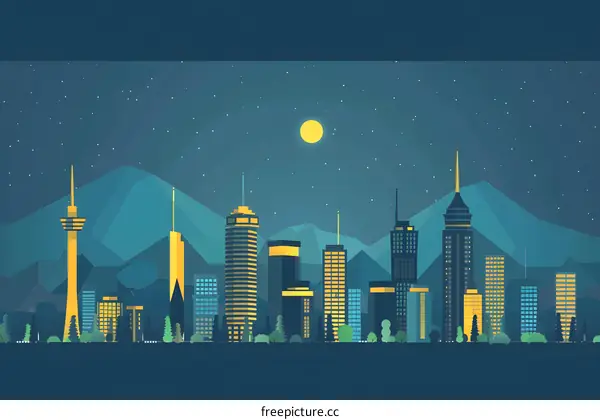Night Skyline Cityscape with Moon and Stars Illustration