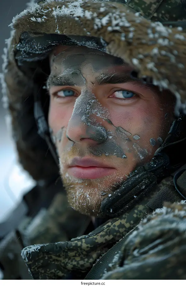 Portrait of a young soldier with blue eyes and a beard wearing a winter hat and a mask made of mud and snow
