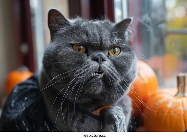 British Shorthair cat with crooked teeth and orange eyes