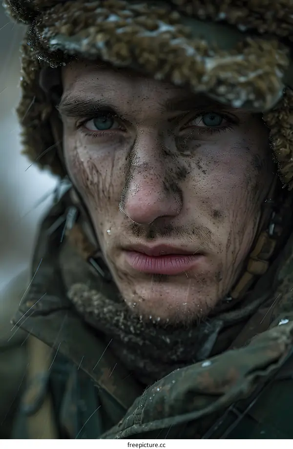 Portrait of a young male soldier with dirt on his face