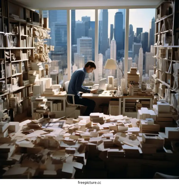 A man working at a desk in a messy office