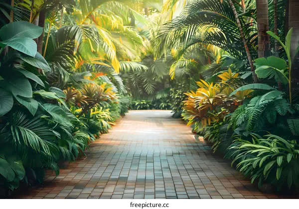 Stone Path Through Lush Tropical Plants