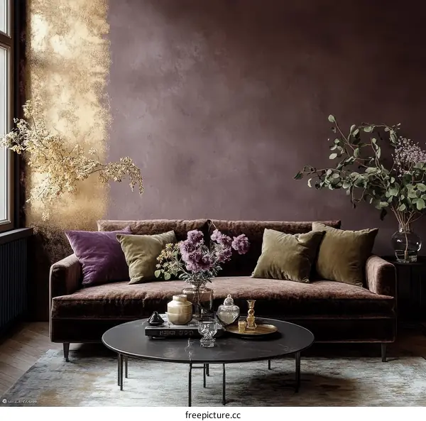 Elegant Living Room Interior Design with Deep Purple Accent Wall