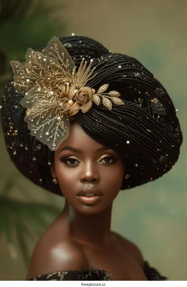 portrait of a young woman wearing a traditional nigerian gele head wrap