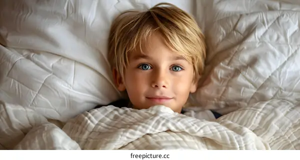 Portrait of a Cute Little Boy Lying in Bed with Blanket