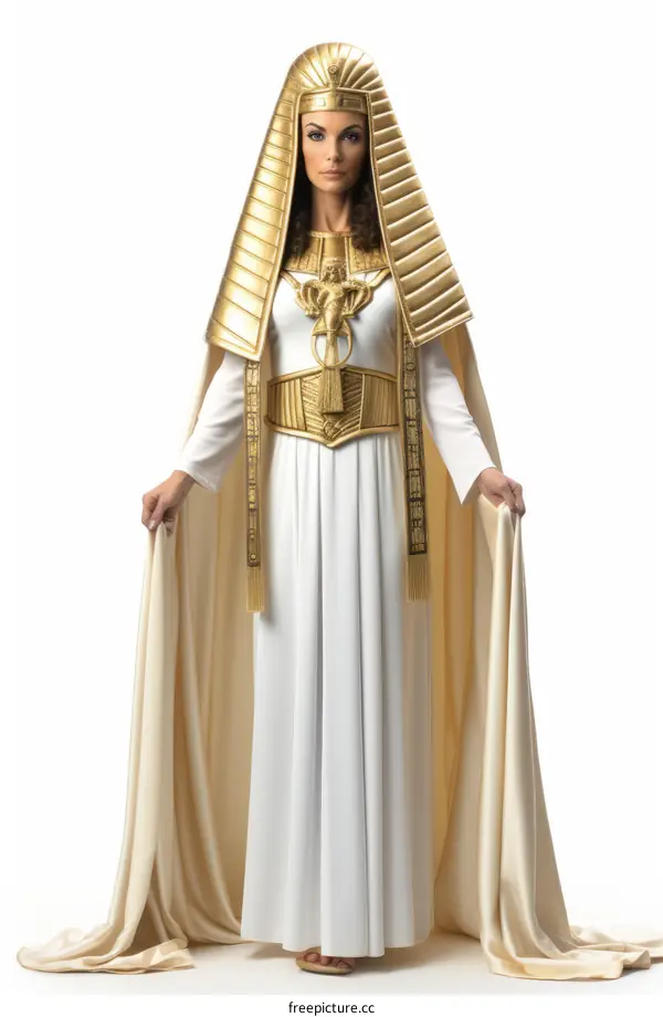 Portrait of an Egyptian Queen in Gold Headdress and White Dress