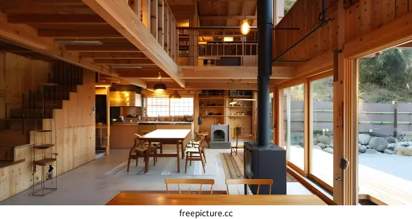 Modern Wooden House Interior Design with Open Floor Plan and Large Windows