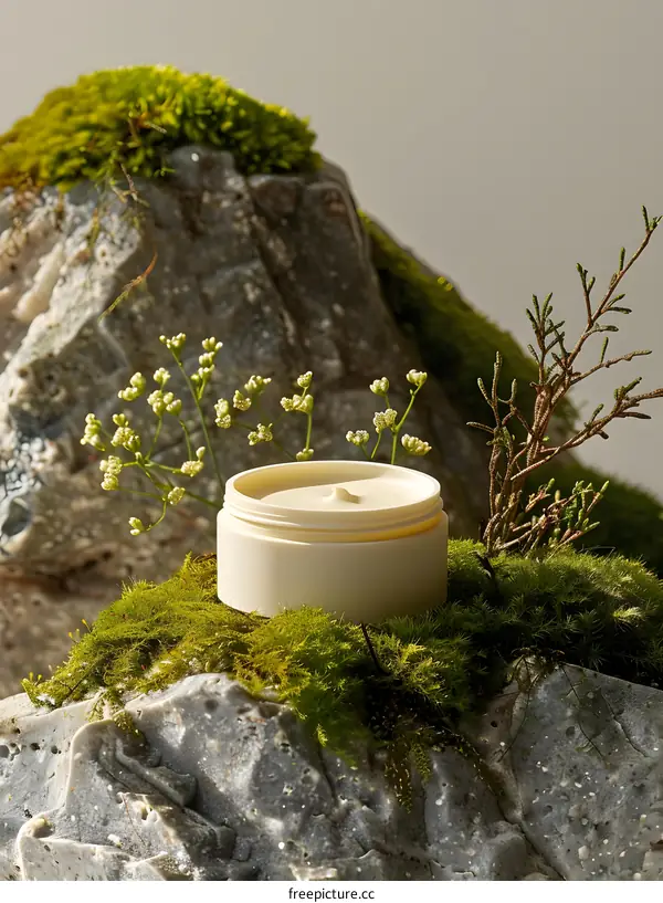 Natural Cream Jar on Mossy Rocks with Delicate Flowers