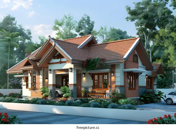 Modern House Design With Red Roof Tiles And Green Greenery