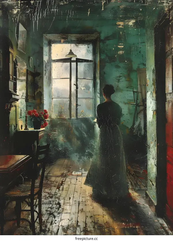 A woman standing in a room looking out the window