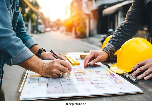 Construction workers reviewing blueprints outdoor