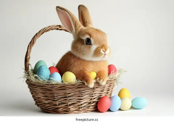 Adorable Easter Bunny with Colorful Eggs in Basket