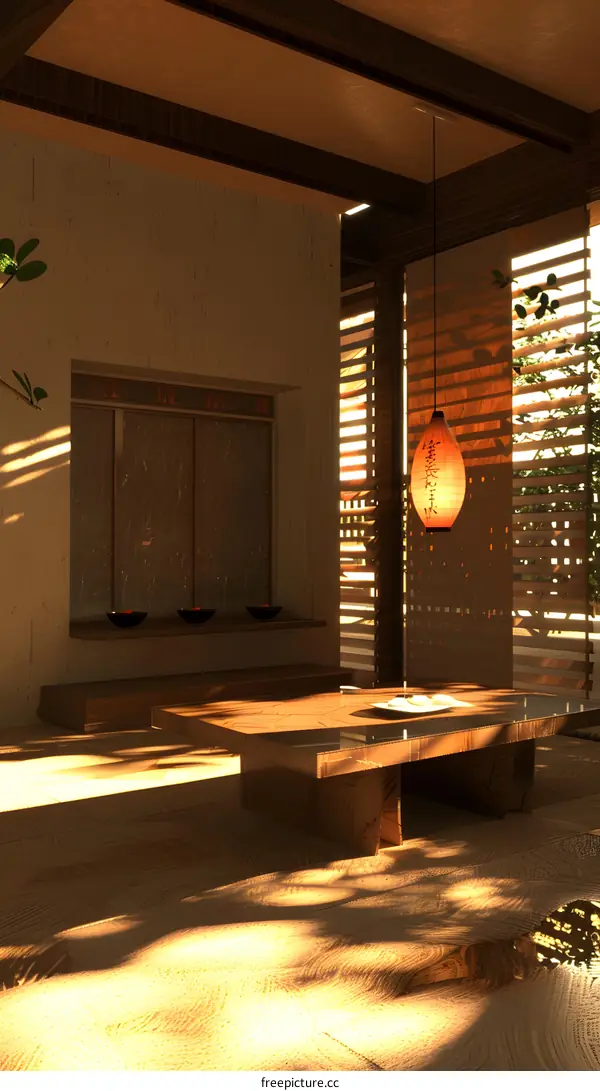 Japanese Style Interior Design with Wooden Beams and a Hanging Lantern