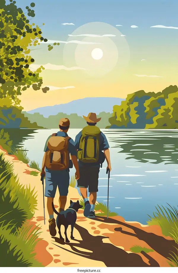 Two Men and a Dog Hiking by the River
