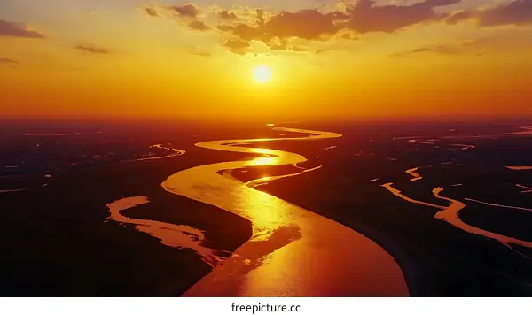 Aerial Sunset View of Winding River