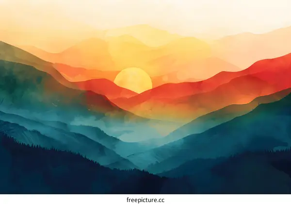 Watercolor Painting of Mountains and Sunset