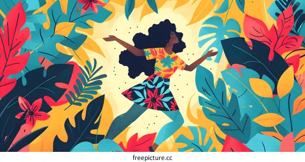 Woman with Black Hair and Floral Dress in a Tropical Jungle Illustration
