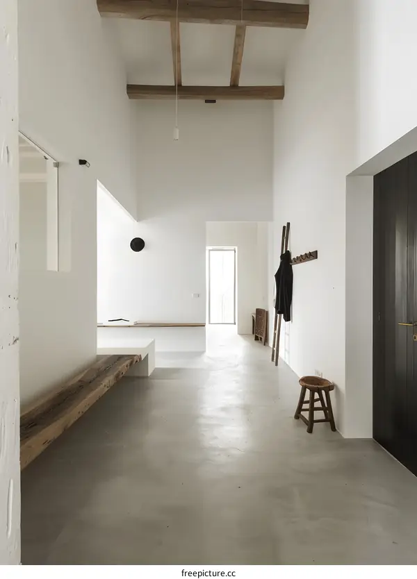 Minimalist Interior Design With Wooden Beams and Concrete Floor