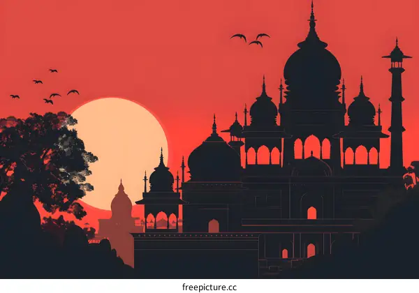 Silhouette of a Mosque with Sunset and Birds