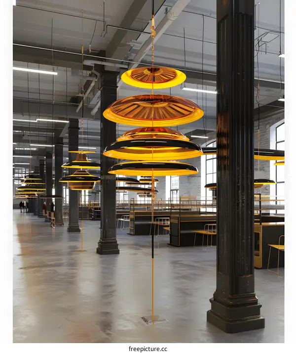 Modern Industrial Interior Design with Yellow and Black Circular Lights