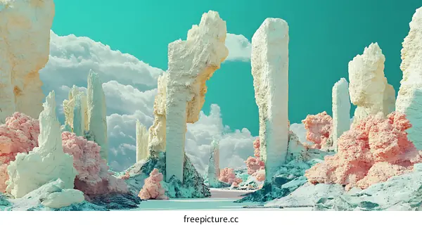 Abstract Landscape with Tall Rock Formations and Clouds