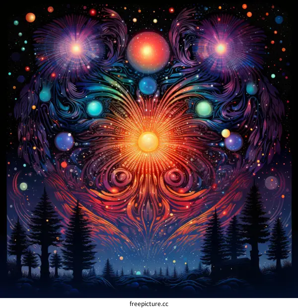 Surreal Psychedelic Fireworks Blazing Over Dark Forest at Night