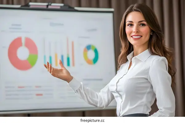 Businesswoman Presenting Data on Whiteboard with Charts and Graphs