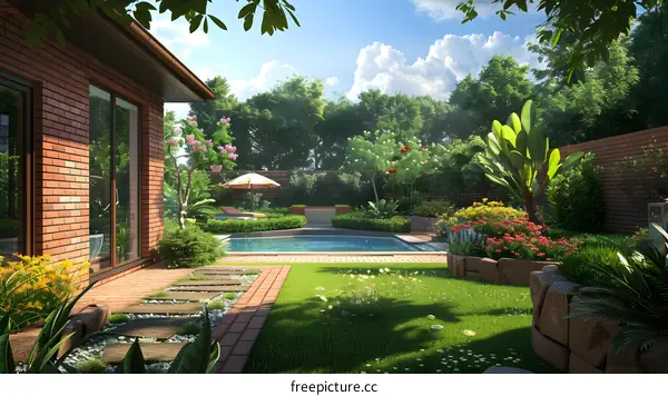 Courtyard with a pool and a garden