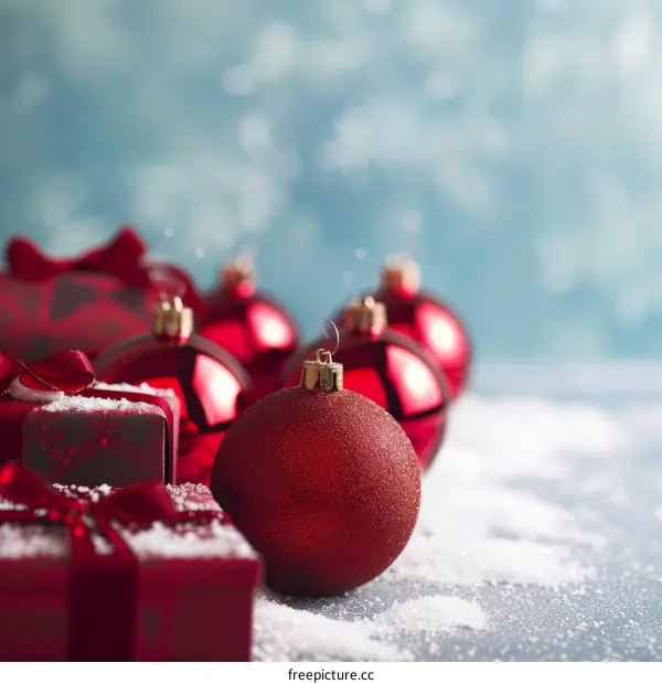 Red and silver Christmas ornaments and gifts on a snowy blue background
