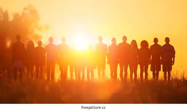 Silhouettes of People Standing in a Field at Sunset