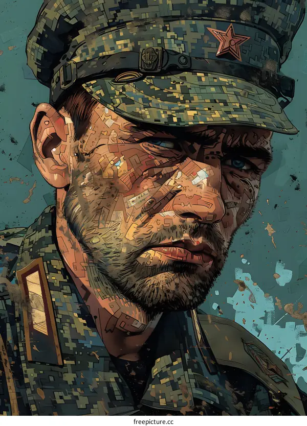Portrait of a Soldier with Pixelated Skin
