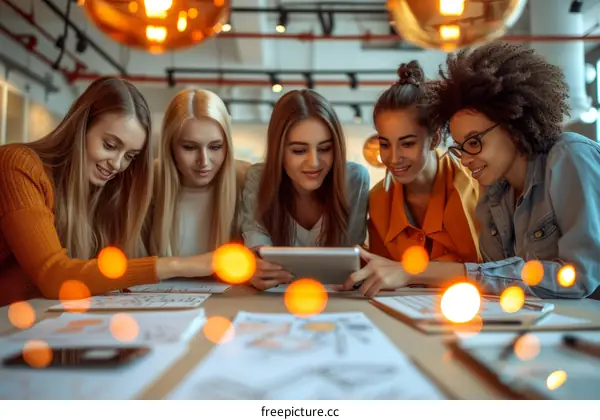 A group of diverse women looking at a tablet