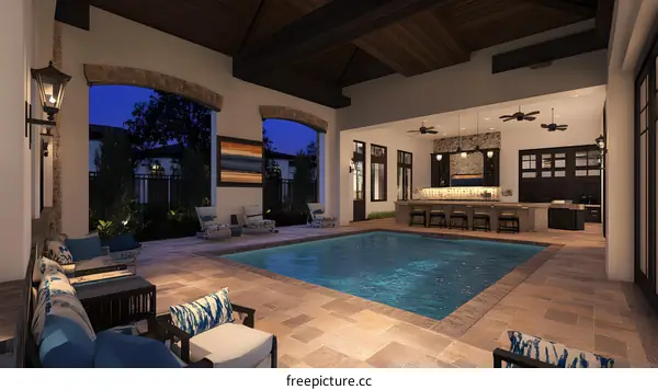 Luxury Patio Design with Swimming Pool and Outdoor Kitchen