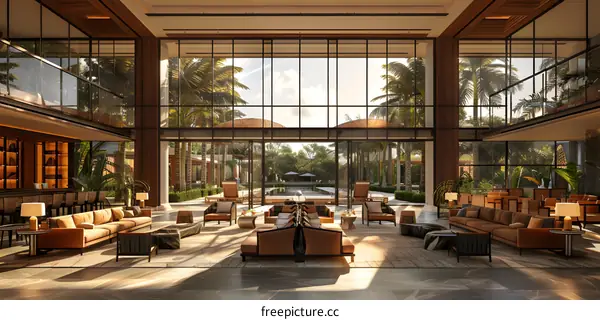 Modern architecture and interior design of a luxury hotel lobby with tropical landscape