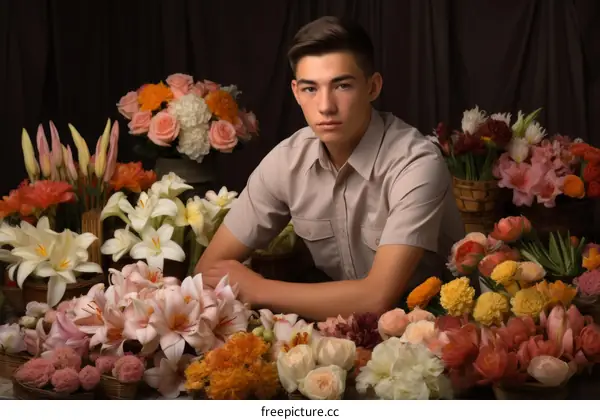 Portrait of a young male florist standing in a flower shop