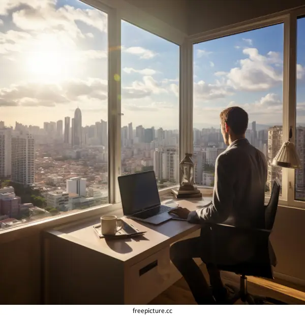 man looking out the window at the city